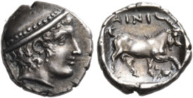 THRACE. Ainos. Circa 408/7-407/6 BC. Diobol (Silver, 11 mm, 1.30 g, 7 h). Head of Hermes to right, wearing petasos. Rev. AINI Goat standing right with...