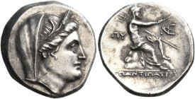 THRACE. Byzantion. Circa 240-220 BC. 9 Obols (Silver, 20 mm, 5.64 g, 1 h), Phoenician standard, struck under the magistrate Antipatros. Veiled head he...