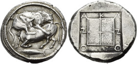 MACEDON. Akanthos. Circa 460-430 BC. Tetradrachm (Silver, 28 mm, 17.16 g, 2 h), struck under the magistrate Di... Lion right, attacking bull crouching...
