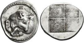 MACEDON. Akanthos. Circa 430-380 BC. Tetrobol (Silver, 16 mm, 2.25 g). Forepart of a bull to left, his head turned back to right; above, Π, swastika t...