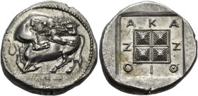 MACEDON. Akanthos. Circa 380-350 BC. Tetradrachm (Silver, 25.5 mm, 14.27 g, 9 h), struck under the magistrate Alexios. ΑΛΕΞΙOΣ Lion to right, attackin...