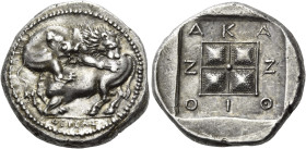 MACEDON. Akanthos. Circa 380-350 BC. Tetradrachm (Silver, 25 mm, 14.28 g, 3 h), struck under the magistrate Thersas. ΘΕPΣΑΣ Lion to right with danglin...