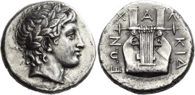MACEDON, Chalkidian League. Circa 358-355 BC. Tetradrachm (Silver, 25 mm, 14.40 g, 12 h), Olynthos, under the magistrate Olympichos. Laureate head of ...