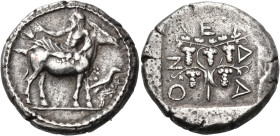 MACEDON. Mende. Circa 460-423 BC. Tetradrachm (Silver, 26 mm, 17.22 g, 3 h), c. 440s. Dionysos, bearded and wearing a himation, reclining to left on t...