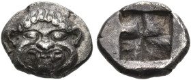 MACEDON. Neapolis. Circa 500-480 BC. Obol (Silver, 11 mm, 1.14 g). Gorgoneion facing with protruding tongue. Rev. Quadripartite incuse square. SNG ANS...