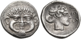 MACEDON. Neapolis. Circa 424-350 BC. Hemidrachm (Silver, 14 mm, 1.92 g, 9 h). Gorgoneion facing with protruding tongue. Rev. ΝΕΟΠ Head of the nymph Ne...