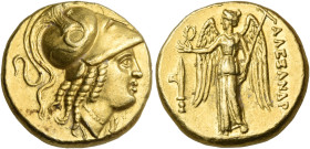 KINGS OF MACEDON. Alexander III 'the Great', 336-323 BC. Stater (Gold, 17.5 mm, 8.63 g, 12 h), Salamis, circa 332-323. Head of Athena to right, wearin...