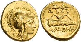KINGS OF MACEDON. Alexander III 'the Great', 336-323 BC. 1/4 Stater (Gold, 11 mm, 2.16 g, 1 h), ‘Amphipolis’, circa 330-320. Head of Athena to right, ...