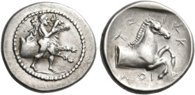 THESSALY. Trikka. Circa 440-400 BC. Hemidrachm (Silver, 11,5 mm, 2.90 g, 3 h). The hero Thessalos, nude but for cloak and petasos, holding a band belo...