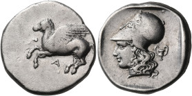 EPEIROS. Ambrakia. Circa 456-426 BC. Stater (Silver, 22 mm, 8.22 g, 11 h). Pegasos with straight wings, flying to left; below, A. Rev. Head of Athena ...