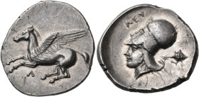 AKARNANIA. Leukas. Circa 375-350 BC. Stater (Silver, 23 mm, 8.48 g, 7 h). Λ Pegasos with straight wings flying to left. Rev. ΛEY Head of Athena to lef...