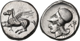 AKARNANIA. Leukas. Circa 350-320 BC. Stater (Silver, 19.5 mm, 8.60 g, 3 h). Λ Pegasos with straight wings flying to left. Rev. Head of Athena to left,...