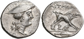 AITOLIA, Aitolian League. Circa 205-150 BC. Triobol (Silver, 17 mm, 2.41 g, 7 h). Head of Aetolia to right, wearing kausia. Rev. AITΩΛΩN Calydonian bo...
