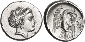 EUBOIA. Chalkis. Circa 338-308 BC. Drachm (Silver, 18 mm, 3.75 g, 11 h). Head of the nymph Chalkis to right, her hair rolled up around her head, weari...