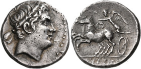 EUBOIA. Karystos. Circa 235-200 BC. Stater (Silver, 21 mm, 7.18 g, 1 h). Male head to right, wearing a laureate diadem tied at the back of his head. R...