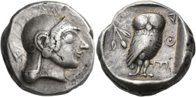 ATTICA. Athens. Circa 500-490 BC. Tetradrachm (Silver, 22 mm, 16.65 g, 10 h). Head of Athena to right, wearing crested Attic helmet, a simple necklace...