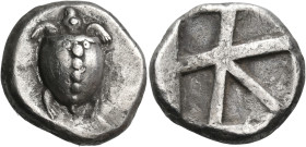 ISLANDS OFF ATTICA, Aegina. Circa 480-457 BC. Stater (Silver, 22 mm, 7.85 g). Sea turtle with a T-shaped design of a line of five very large pellets d...