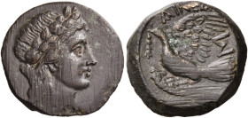 SIKYONIA. Sikyon. Circa 100-60 BC. Trichalkon (Bronze, 18 mm, 3.70 g, 12 h), struck under the magistrate Aineas. Laureate head of Apollo to right. Rev...