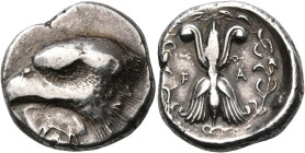 ELIS. Olympia. 93rd Olympiad, 408 BC. Stater (Silver, 23 mm, 12.20 g, 5 h). Head of an eagle to left; below, white poplar leaf ( Populus alba ) . Rev....