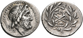 ACHAIA, Achaian League. Elis. Circa 175-168 BC. Hemidrachm (Silver, 17 mm, 2.49 g, 7 h). Laureate head of Zeus to right. Rev. Achaean League monogram ...