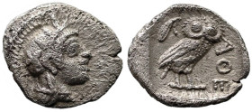 Greek
ATTICA. Athens. (Circa 454-404 BC).
AR Obol (10.3mm 0.63g)
Obv: Helmeted head of Athena right.
Rev: AΘE.Owl standing right, head facing; oli...