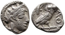 Greek
ATTICA. Athens. (Circa 454-404 BC).
AR Obol (8.2mm 0.68g)
Obv: Helmeted head of Athena right.
Rev: AΘE.Owl standing right, head facing; oliv...