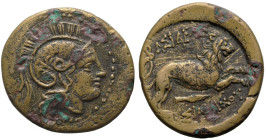 Greek
KINGS of THRACE. Lysimachos (305-281 BC). Lysimacheia.
AE Unit (21mm 5.67g)
Obv: Helmeted head of Athena right.
Rev: ΒΑΣΙΛΕΩΣ / ΛΥΣΙΜΑΧΟΥ. L...