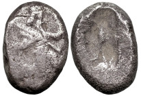 Greek
ACHAEMENID EMPIRE. Time of Darios II (circa 425-405 BC). Sardes
AR Siglos (16.7mm 5.23g)
Obv: Persian king or hero, wearing kidaris and kandy...