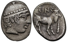 Greek
THRACE. Ainos. (Circa 429-427/6 BC).
AR Diobol (12mm 1.25g).
Obv: Head of Hermes to right, wearing petasos.
Rev: AIN Goat standing right, be...