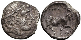 Greek
THRACE. Ainos. (Circa 408-406 BC).
AR Diobol (10.2mm 1.11g)
Obv: Head of Hermes right wearing petasos.
Rev: AINI. Goat standing right; crab ...
