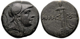 Greek
PONTOS. Amaseia (Circa 120 BC)
AE Bronze (19.8mm 7.75g)
Obv: Helmeted head of Ares right
Rev: AMAΣ-ΣEIAΣ. Sword in sheath.
SNG Black Sea 10...
