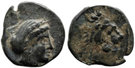 Greek
TROAS. Antandros(?). (4th century BC)
AE Bronze (12.9mm 1.44g)
Obv: Head of female right, with hair in sphendone
Rev: Head of lion to right...