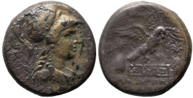 Greek
PHRYGIA. Apameia (Circa 133-48 BC)
AE Bronze (20.6mm 7.85g)
Obv: Helmeted bust of Athena right
Rev: Eagle with spread wings right, beneath m...