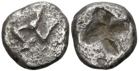 Greek
PAMPHYLIA. Aspendos. 5th century BC.
AR Obol (9.1mm 1.1g)
Obv: Triskeles to left.
Rev: Quadripartite incuse square.
Rosen 392 (triskeles ri...