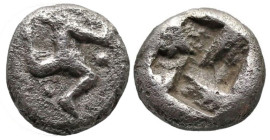 Greek
PAMPHYLIA. Aspendos. (5th century BC).
AR Obol (8.5mm1.06g).
Obv: Triskeles to right; three pellets around.
Rev: Incuse square with swastika...