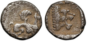 Greek
TROAS. Assos. (5th century BC)
AR Obol (8.4mm 0.6g)
Obv: Griffin seated right, raising forepaw.
Rev: Lion's head right within incuse square....