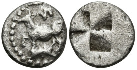 Greek
THRACE. Byzantion (Circa 340-320 BC)
AR 1/10 Stater (14.7mm 1.02g)
Obv: ΠY. Bull standing left on dolphin
Rev: Quadripartite millsail incuse...