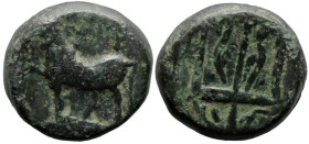 Greek
THRACE. Byzantion. (Circa 340-320 BC).
AE Bronze (14.2mm 4.35g)
Obv: Bull standing to left on dolphin; ΠY above
Rev: Ornamented trident with...