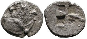 Greek
THRACIAN CHERSONESOS. 'Kardia' (Circa 500
AR Hemiobol (7.9mm 0.30g).
Obv: Forepart of lion right, head left
Rev: Quadripartite incuse square...