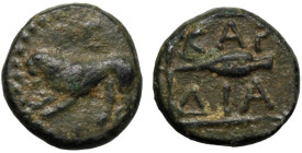Greek
THRACIAN CHERSONESOS. 'Kardia'. (Circa 357-309 BC)
AE Bronze (11mm 1.73g)
Obv: Lion leaping to left
Rev: Barley grain; KAP-ΔΙΑ around; all w...