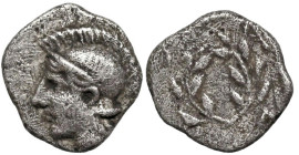 Greek
AEOLIS. Elaia. (Circa 450-400 BC).
AR Hemiobol (8.2mm 0.46g)
Obv: Helmeted head of Athena left.
Rev: Wreath.
SNG Copenhagen 164.