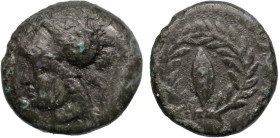 Greek
AEOLIS. Elaia. (Circa 340-300 BC).
AE Bronze (10.8mm 1.4g)
Obv: Helmeted head of Athena to left
Rev: Barley-grain within wreath
BMC 126