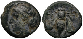 Greek
IONIA. Ephesos. (Circa 375-325 BC)
AE Bronze (11.2mm 1.1g)
Obv: Female head left, wearing mural-crown.
Rev: E - Φ. Bee.
SNG von Aulock 1839...