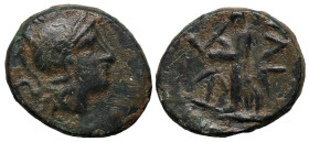 Greek
TROAS. Ilion. (circa 159-119 BC)
AE Bronze (11.2mm 1.04g)
Obv: Helmeted head of Athena right
Rev: Athena Ilias advancing left, holding dista...