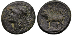 Greek
BITHYNIA. Kalchedon. (circa 323-281 BC).
AE Bronze (18.6mm 5.56g)
Obv: Helmeted head of Athena left
Rev: KAΛX above bull standing left on gr...