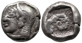 Greek
TROAS. Kebren. (5th century BC).
AR Diobol (8.7mm 1.26g)
Obv: Archaic head (Apollo?) left.
Rev: Head of ram left within incuse square.
SNG ...