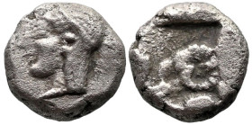 Greek
TROAS. Kebren. (5th century BC).
AR Diobol (8.6mm 1.25g)
Obv: Archaic head (Apollo?) left.
Rev: Head of ram left within incuse square.
SNG ...