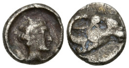 Greek
TROAS, Kebren (Circa 400-310 BC)
AR Hemiobol (6.8mm 027g)
Obv: Head of Apollo.
Rev: Ram head.
BMC.14.