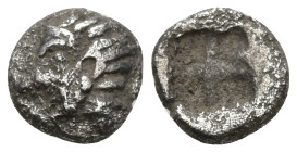 Greek
IONIA. Kolophon. (6th century BC).
AR Tetartemorion (5mm 0.15g)
Obv: Archaic head of Apollo left.
Rev: Quadripartite incuse square.
SNG Kay...