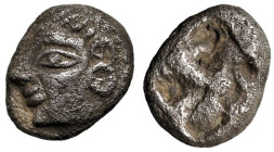 Greek
IONIA. Kolophon. Circa 530/25-500 BC.
AR Obol (8.5mm 0.89g).
Obv: Archaic head of Apollo to left.
Rev. Quadripartite incuse square.
Isegrim...